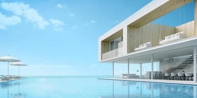 casa de playa moderna con piscina con vistas al mar y terraza en vacaciones. Representación 3d foto