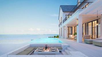 casa de playa de lujo con piscina con vistas al mar y terraza en vacaciones. Representación 3d foto