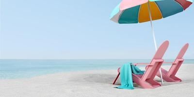 sillas de playa rosadas con sombrilla en la arena blanca.fondo con vistas al mar.concepto de verano.representación 3d foto