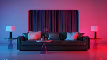 Modern room with violet light and red light illumination.Leather sofa with pillows and table lamps.3d rendering photo