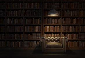 sala de lectura en la antigua biblioteca o casa. sillón de cuero de estilo vintage con lámpara de techo. sala de escena nocturna. representación 3d foto