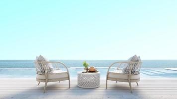 salón de playa con solárium, piscina y vista al mar para vacaciones y verano. Representación 3d foto