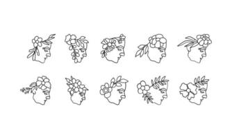 Woman faces line art style with flower and leaves vector