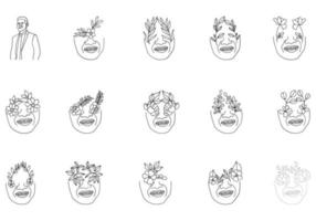 Man faces line art style with flower and leaves vector