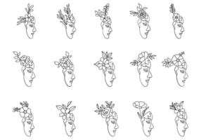 Woman faces line art style with flower and leaves vector