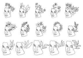 Woman faces line art style with flower and leaves vector