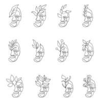 Man faces line art style with flower and leaves vector
