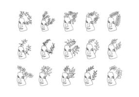 Woman faces line art style with flower and leaves vector