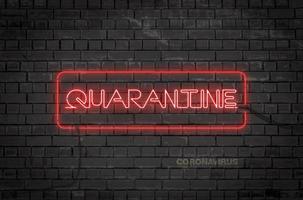 Illustration of a bright neon sign with the text Quarantine on a background of a dark brick wall photo