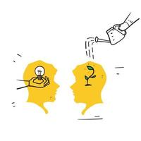 hand drawn doodle people with bulb brain and plant talking symbol for advice from mentor for personal development growth illustration vector