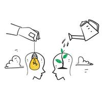 personas dibujadas a mano con cerebro de bulbo y símbolo parlante de plantas para obtener consejos de un mentor para el vector de ilustración de crecimiento de desarrollo personal