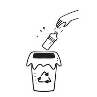 hand drawn doodle throw plastic bottles in the trash bin illustration vector