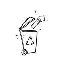 hand drawn doodle throw plastic bottles in the trash bin illustration vector