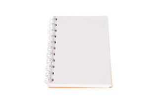 Blank open notebook lined papers isolated on white background photo