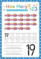 Numbers tracing template by counting Sea fish marine vector