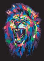 colorful lion head in pop art style isolated on black background. vector illustration