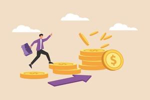 Businessman with suitcase climb the gold coin ladder to get money.  Financial visionary, investment growth, interest rate rising up or economic forecast concept. Colored flat vector illustration.