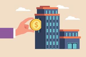 Businessman saving gold coin money in the building. Financial visionary, investment growth, interest rate rising up or economic forecast concept. Colored flat vector illustration isolated.