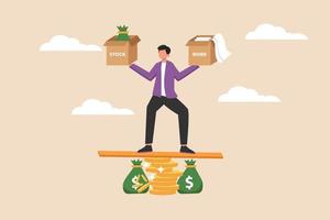 Smart Businessman standing on stack of money coins and money bags balancing stock and bond boxes. Risk Management. Flat vector illustration isolated.