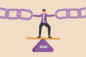Businessman standing on risk triangle with holding metal chain together. Risk Management and supply chain. Flat vector illustration isolated.