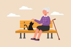 Grandmother is sitting and playing   with a cat on bench. Grandparents day. Colored flat vector illustration isolated.