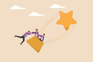 Team members help their friends get on a hot air balloon to success together. Coworker and success concept. Flat vector illustration isolated.