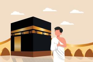Happy hajj with people character and the kaaba. Hajj and umrah concept. Colored flat vector illustration.