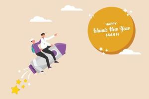 Muslim young man with his friend on a rocket to go to the moon. Happy Islamic New Year. Flat vector illustration isolated.