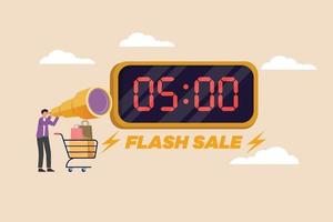 Young customer using big gold telescope and trolley for see flash sale time board. Flash sale and Discount Concept. Flat vector illustration isolated.