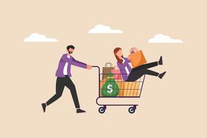 Happy young couple customers shopping with trolley at flash sale time. Flash sale and Discount Concept. Flat vector illustration isolated.