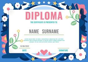 Certificate kids diploma, kindergarten template layout bunny rainbow flower nature eco vector.