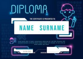 Certificate kids coding diploma, kindergarten template layout neon light technology vector. vector