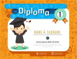 certificado niños diploma, jardín de infantes diseño de plantilla doodle boceto idea fondo marco diseño vector. educación preescolar concepto estilo de arte plano vector