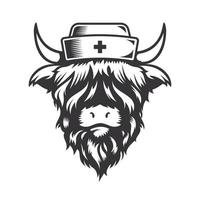 Diseño de cabeza de enfermera de vaca de las tierras altas con sombrero de enfermera. animal de granja. logotipos o iconos de vacas. ilustración vectorial vector