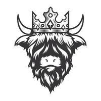 diseño de cabeza de rey de vaca de las tierras altas con corona de realeza. animal de granja. logotipos o iconos de vacas. ilustración vectorial vector