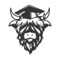 diseño de cabeza de graduación de vaca de las tierras altas con sombrero de graduación. animal de granja. logotipos o iconos de vacas. ilustración vectorial vector
