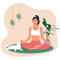 young woman doing yoga with cat vector