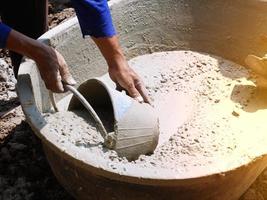 Scoop the mixed mortar in the bucket. photo