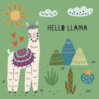 Fluffy llama among mountains and cacti vector