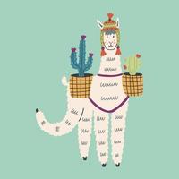 Mexican fluffy llama character with cacti on blue background vector