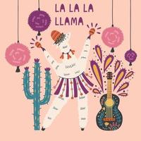Dancing llama with a cactus guitar vector