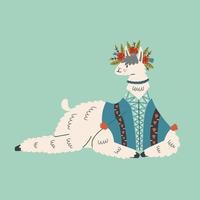 Lying Mexican floral fluffy llama character on blue background vector