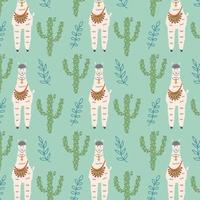 Mexican llama with a bag among cacti pattern vector