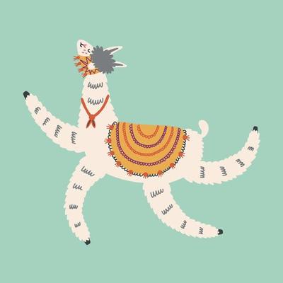 Bouncing Mexican fluffy llama character on blue background