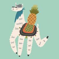 Mexican fluffy cool llama character with sunglasses on blue background vector