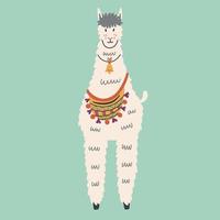 Mexican fluffy cool llama character with a bag on a blue background vector