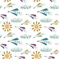 Pattern abstract characters of birds sun clouds vector