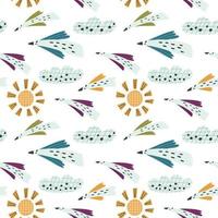 Pattern abstract characters of birds sun clouds vector