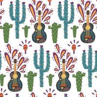 Mexican musical instrument guitar cactus pattern vector