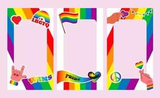 historias de marco de orgullo. simbolos lgbt amor, corazón, bandera en colores del arco iris, desfile gay, lésbico, ilustración vectorial de plantilla